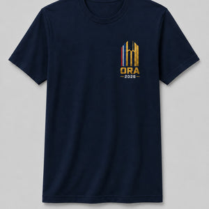 Shockwave navy short-sleeve cotton t-shirt for the 2026 ORA 9/11 Memorial Run with a gold chest logo.