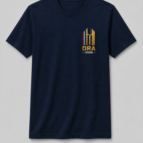 Shockwave navy short-sleeve cotton t-shirt for the 2026 ORA 9/11 Memorial Run with a gold chest logo.